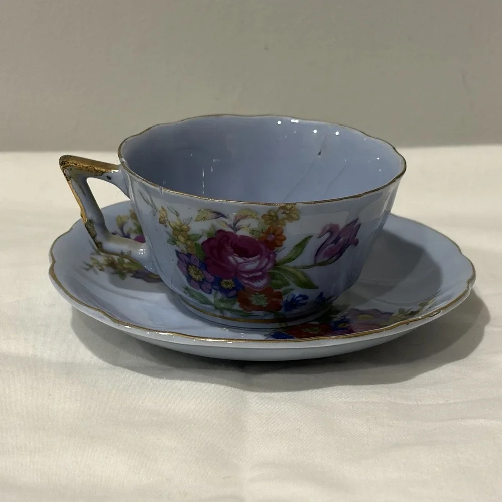 Vintage Richard Japan Teacup Set Blue Gold Flowers Cottage Core‎